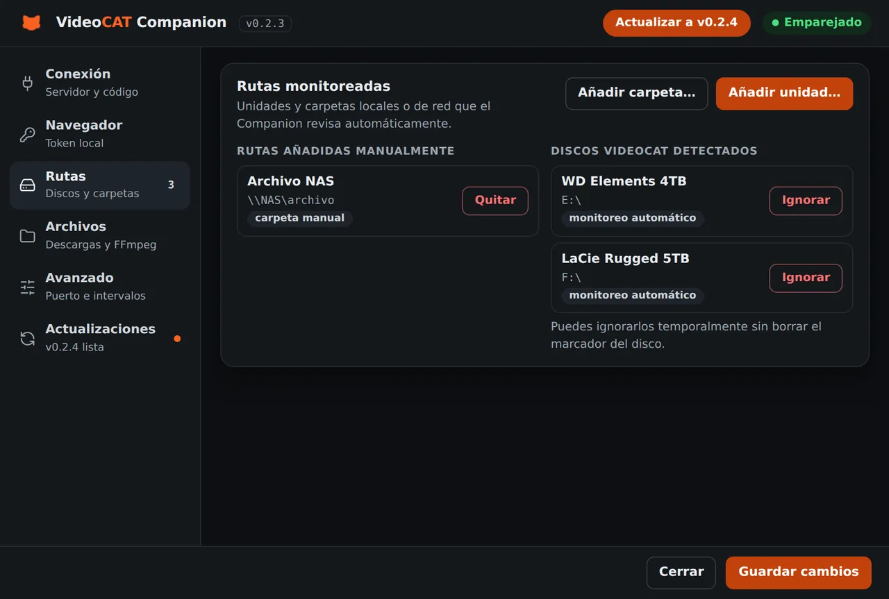 Companion: rutas monitoreadas y discos VideoCAT detectados