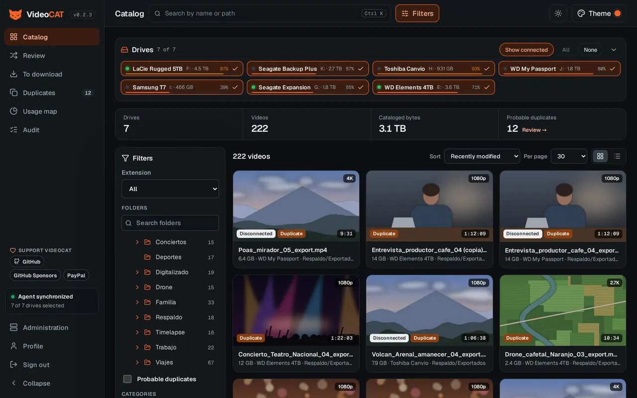 Grid catalog with the drive strip, filters and thumbnails