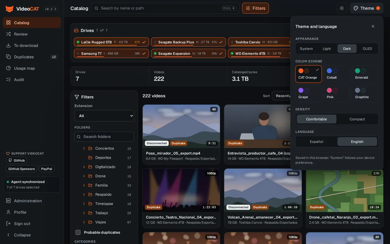 Theme and language panel