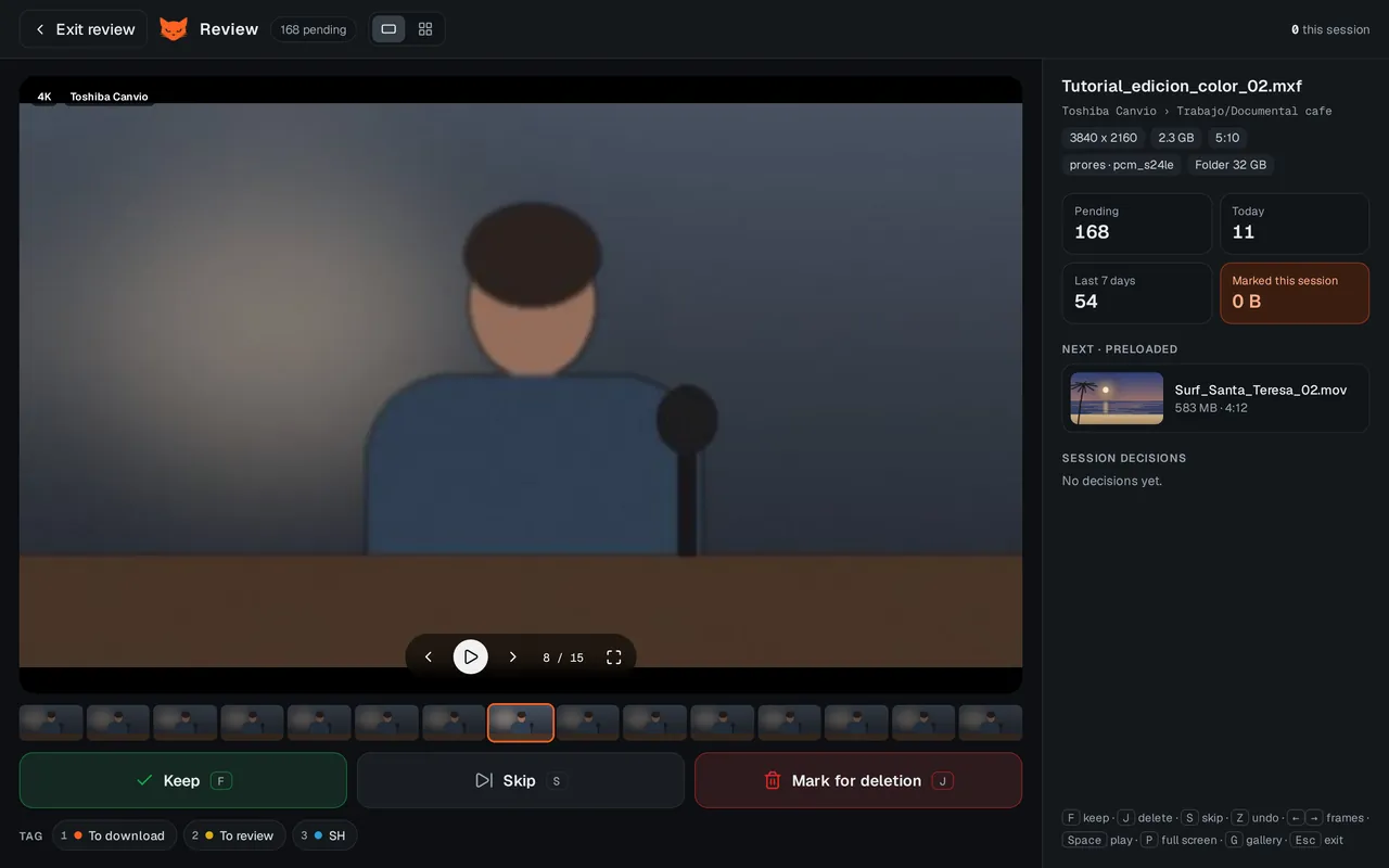 Full-screen review session with the frame strip