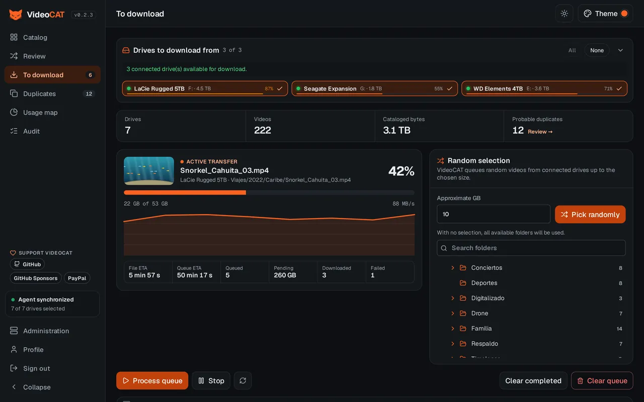 Download queue with an active copy, speed and ETA