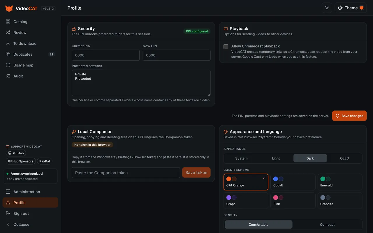 Profile: PIN, protected folders, local Companion, Chromecast and appearance