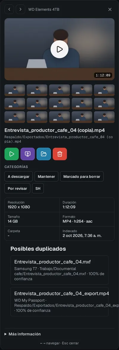 Panel de detalle con la galería de 15 fotogramas y los posibles duplicados