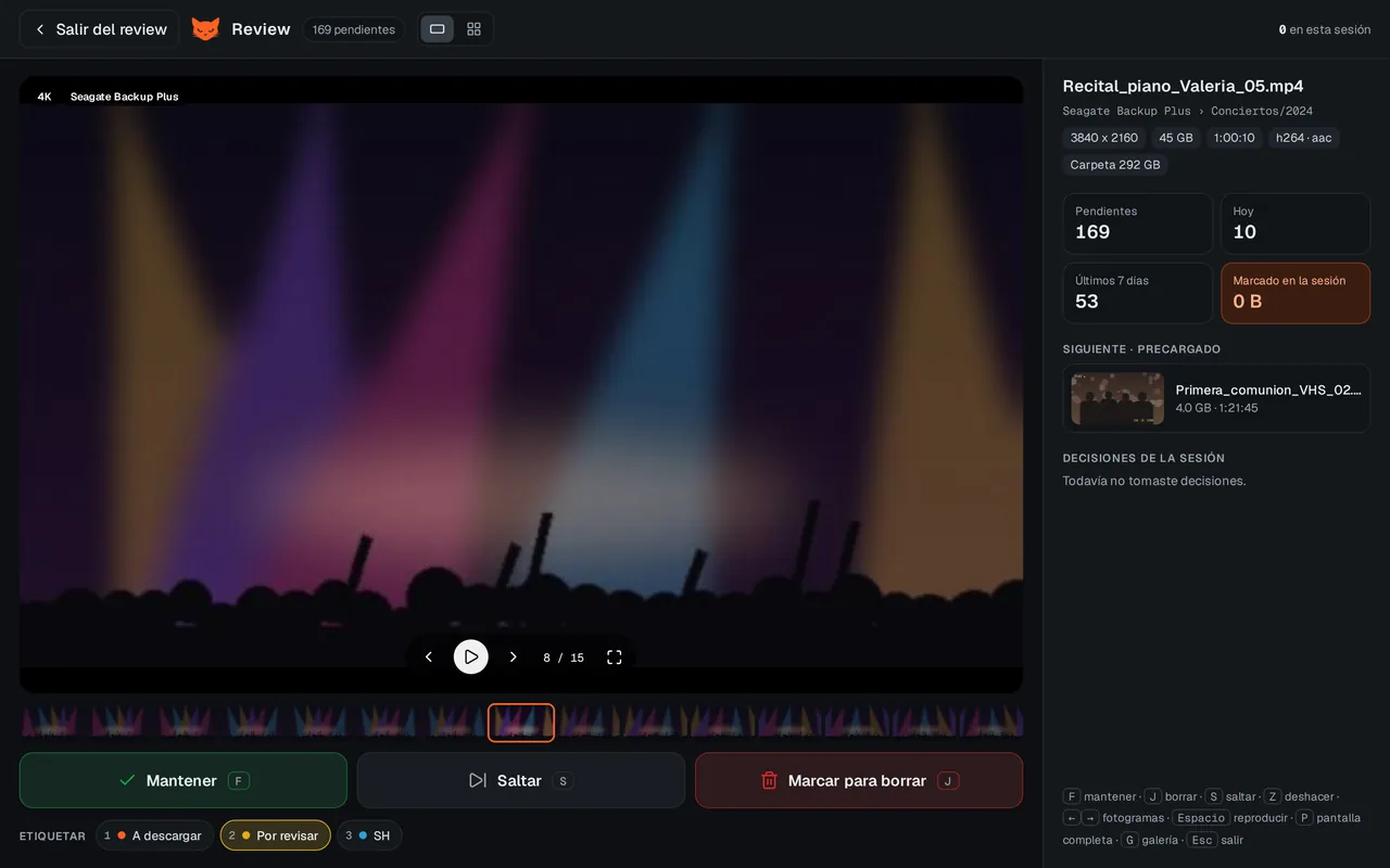 Sesión de review a pantalla completa con la tira de fotogramas