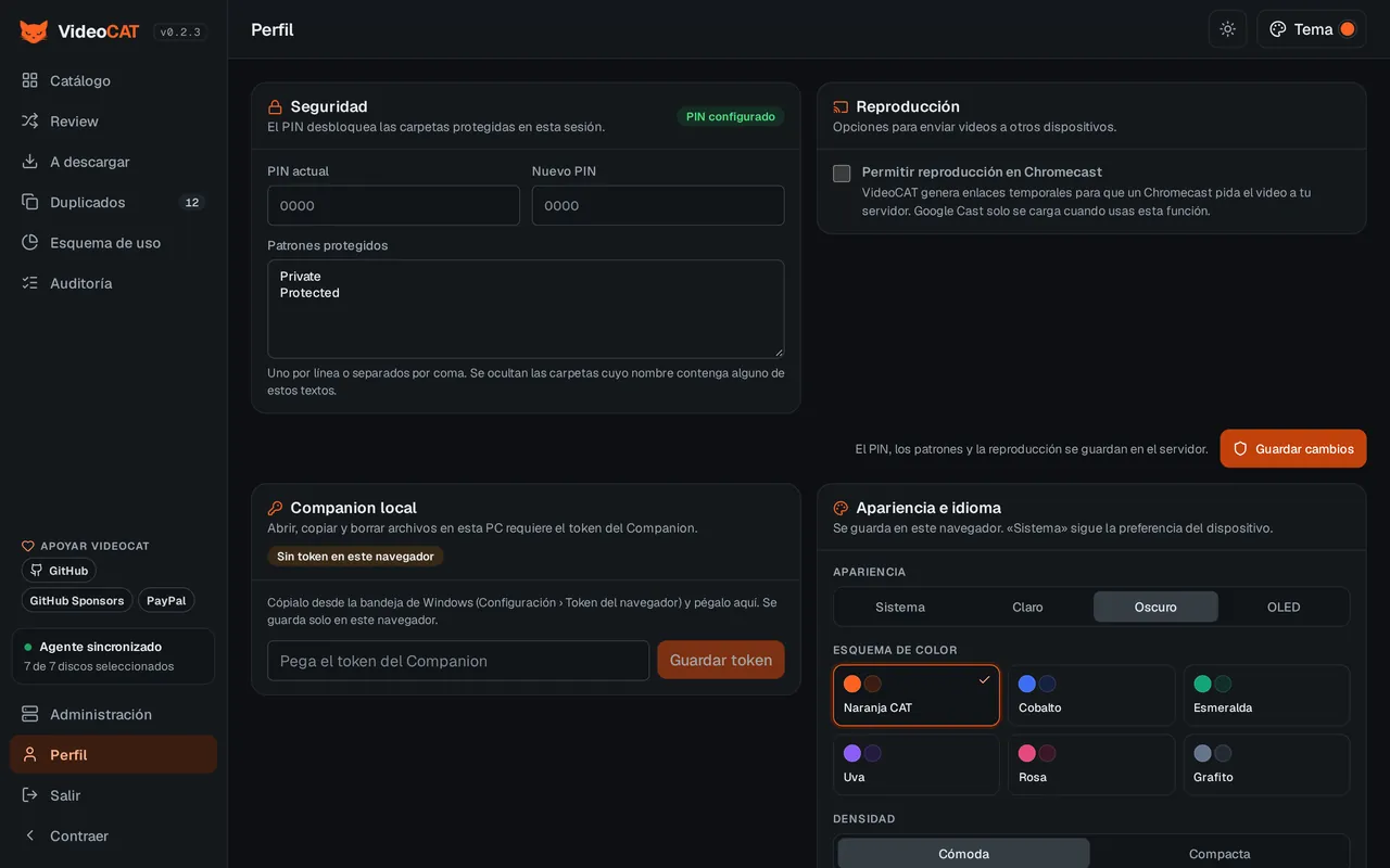 Perfil: PIN, carpetas protegidas, Companion local, Chromecast y apariencia